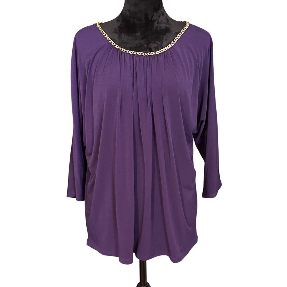 Carmen Marc Valvo Woman Blouse 1X Purple Chain Neckline Top Cold Shoulder Draped